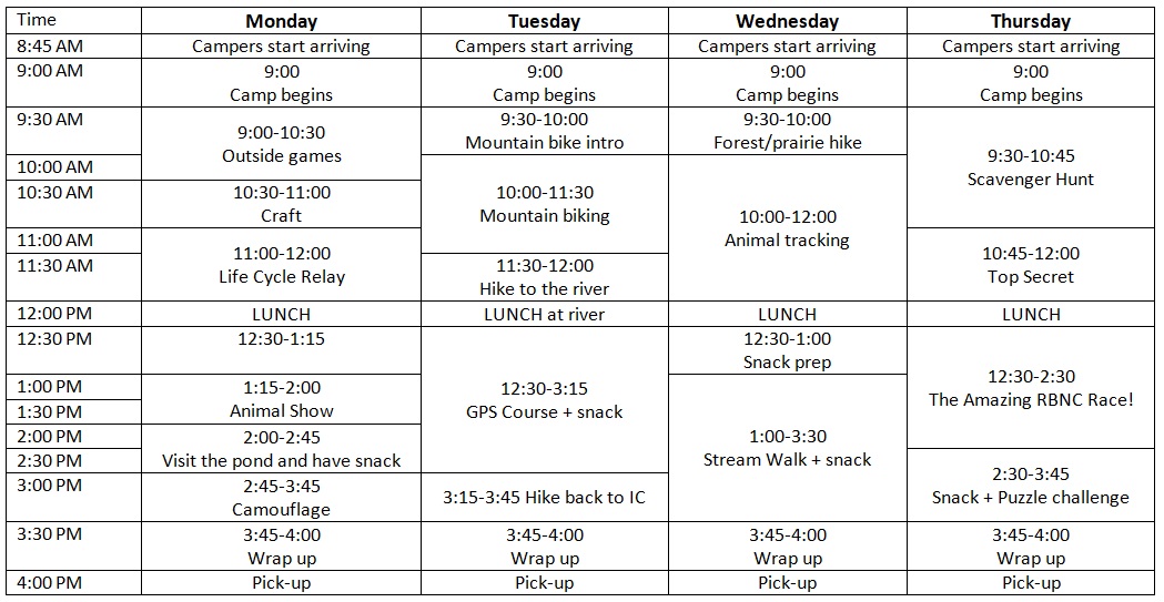Example camp schedule