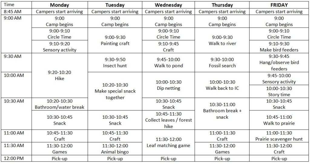 Summer camp typical schedule - River Bend Nature Center