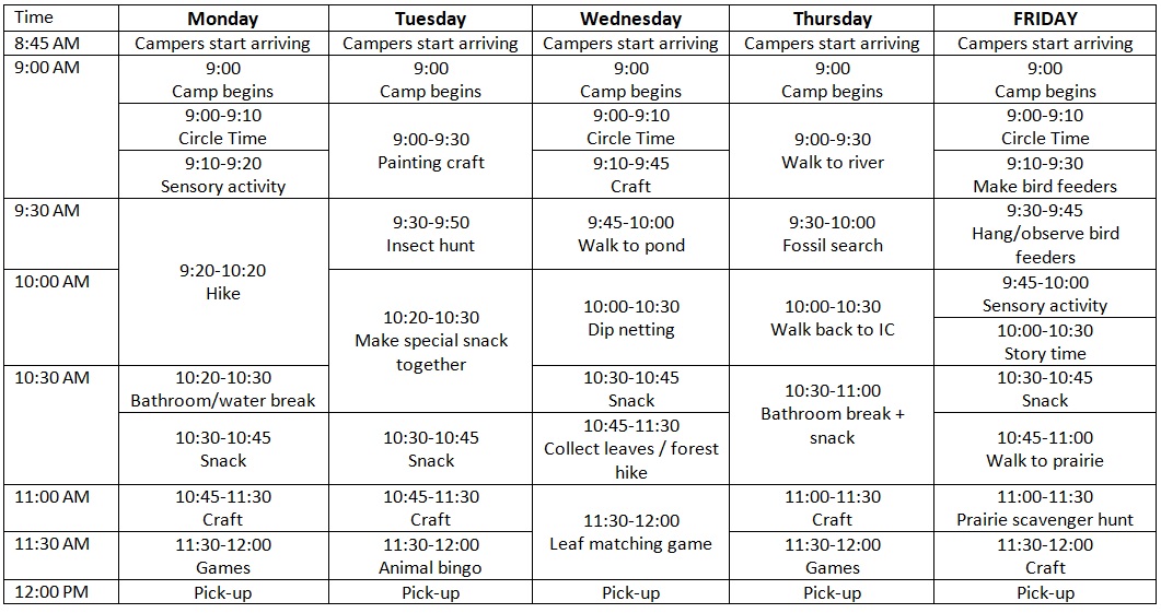 Example half day camp schedule